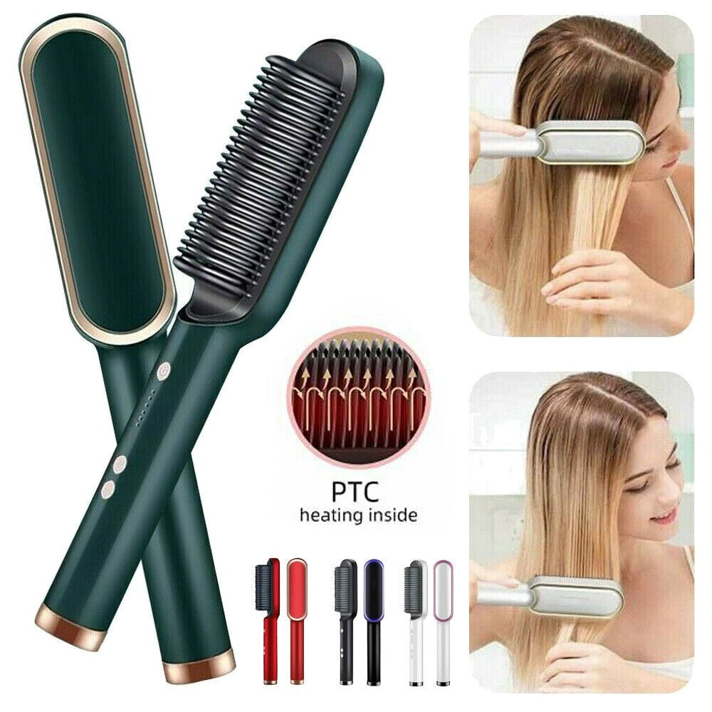 Hair Straightening Brush | Electric 2‑in‑1 Straightener & Curler | Heating Styling Comb