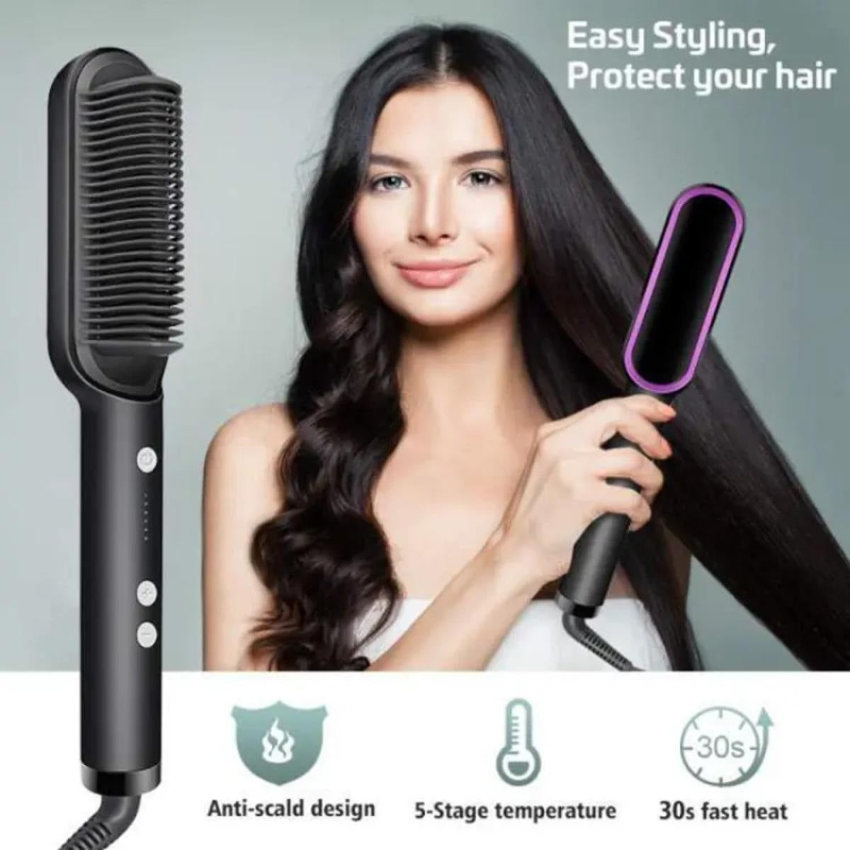 Hair Straightening Brush | Electric 2‑in‑1 Straightener & Curler | Heating Styling Comb